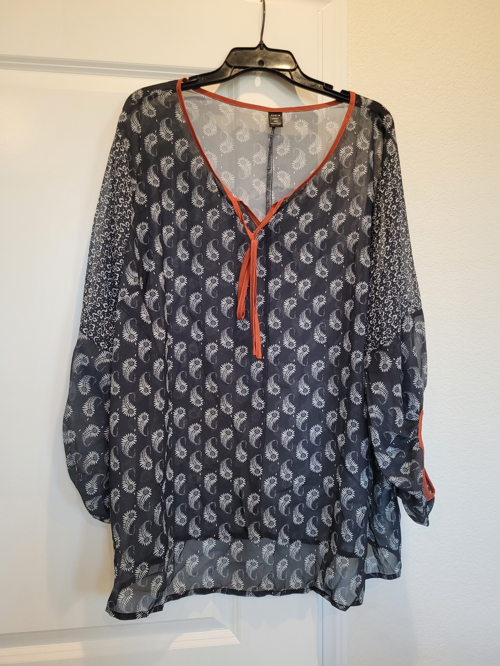 2 SHEIN Blouses-Lighweight Black & White Printed V-Neck Tunic with Orange Trim - Picture 2 of 11